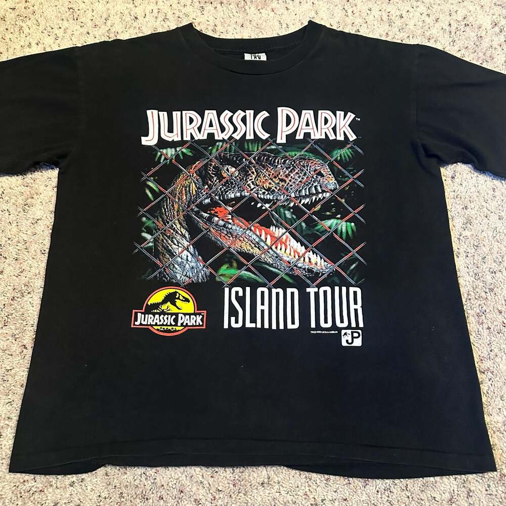 Vintage 1993 Jurassic Park Island Tour Raptor Isla Nublar Map T-Shirt Large